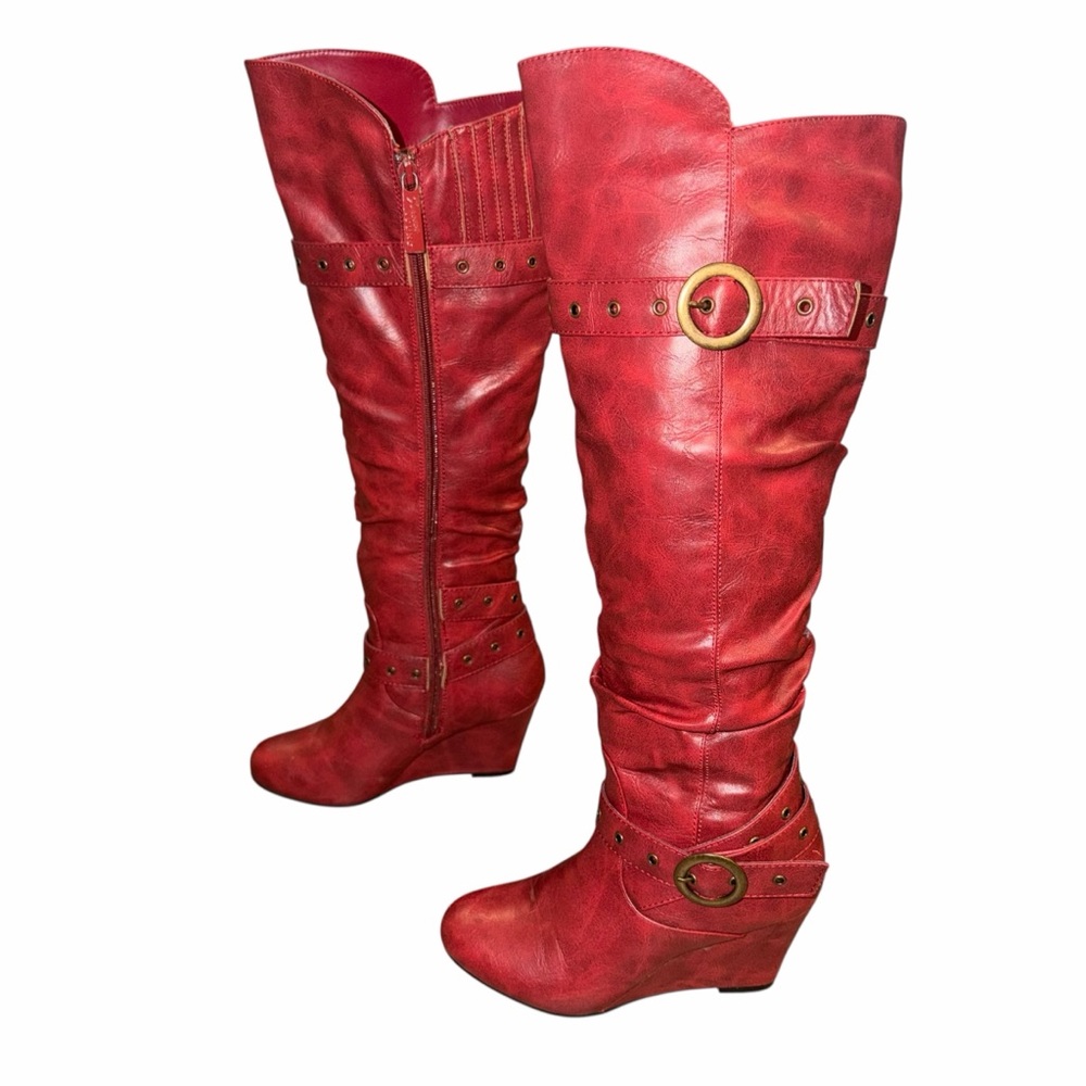 Forever Young ALKA Red Over The Knee Wedge Boots - Size 6 - Picture 5 of 14